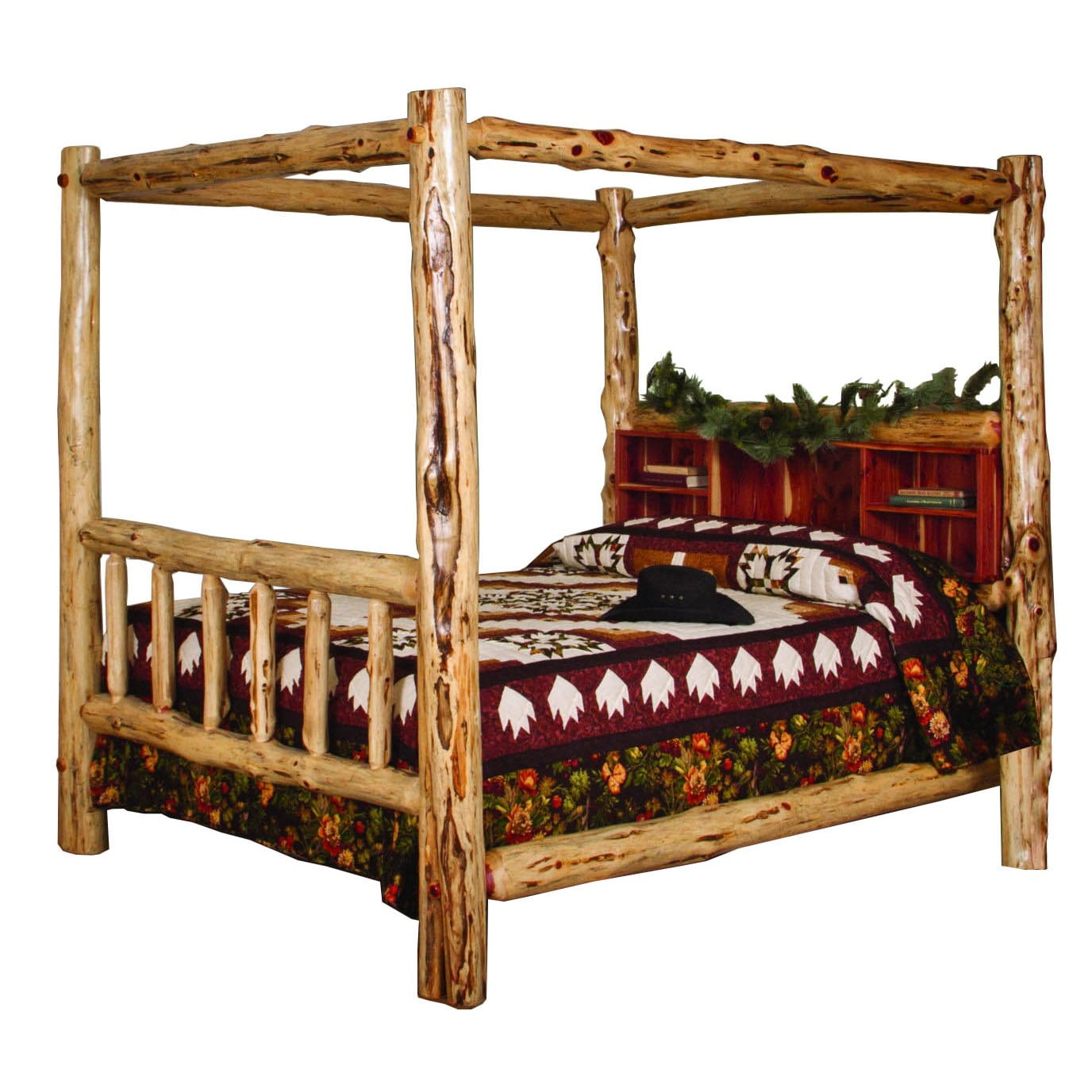 Rustic Red Cedar Log Canopy Bookshelf Bed