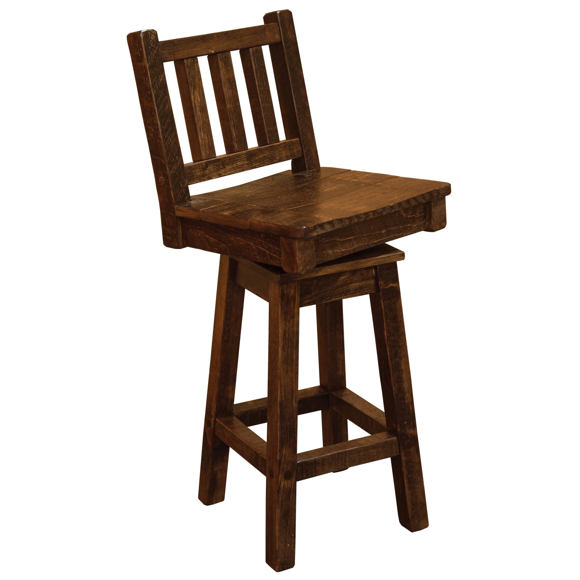 Barnwood Style Timber Peg Swivel Barstool With Back