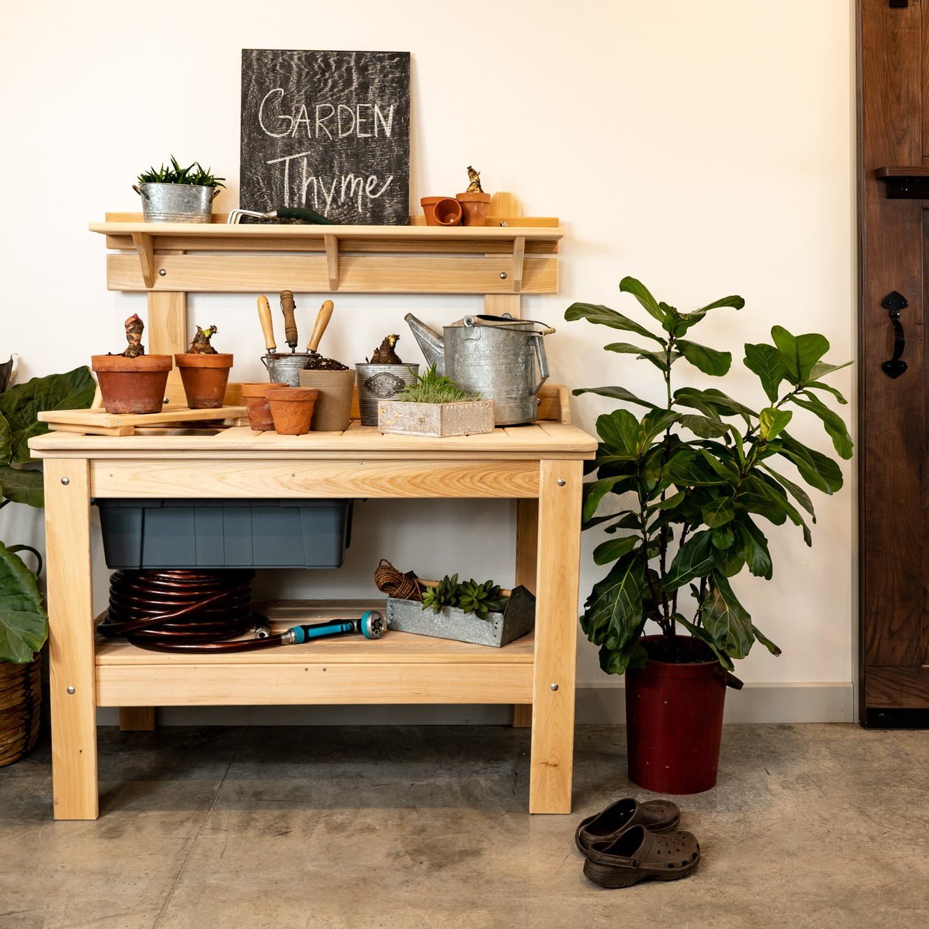 Unfinished Cypress Potting Table with Bucket