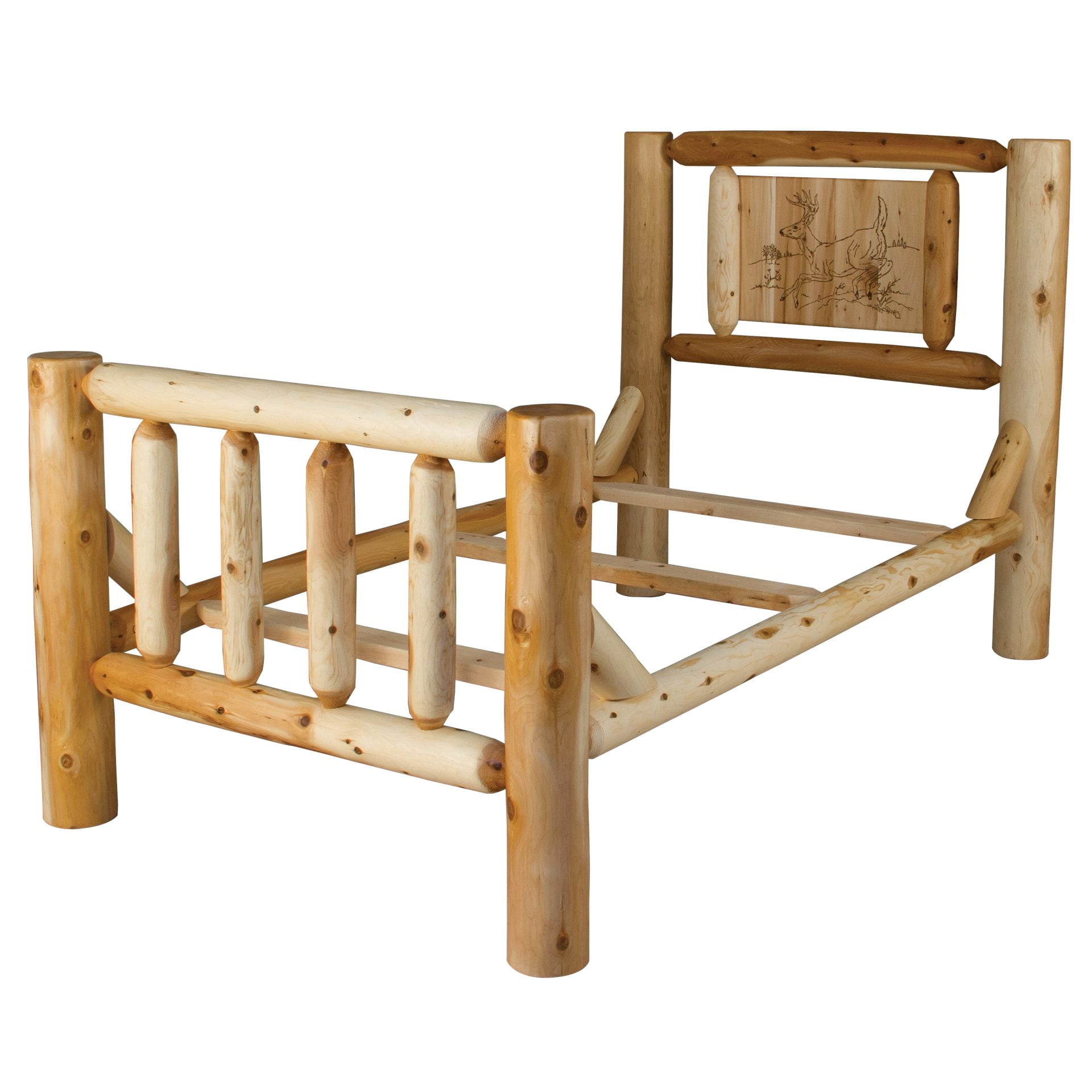 Rustic White Cedar Log Mission Style Bed with Deer Artwork