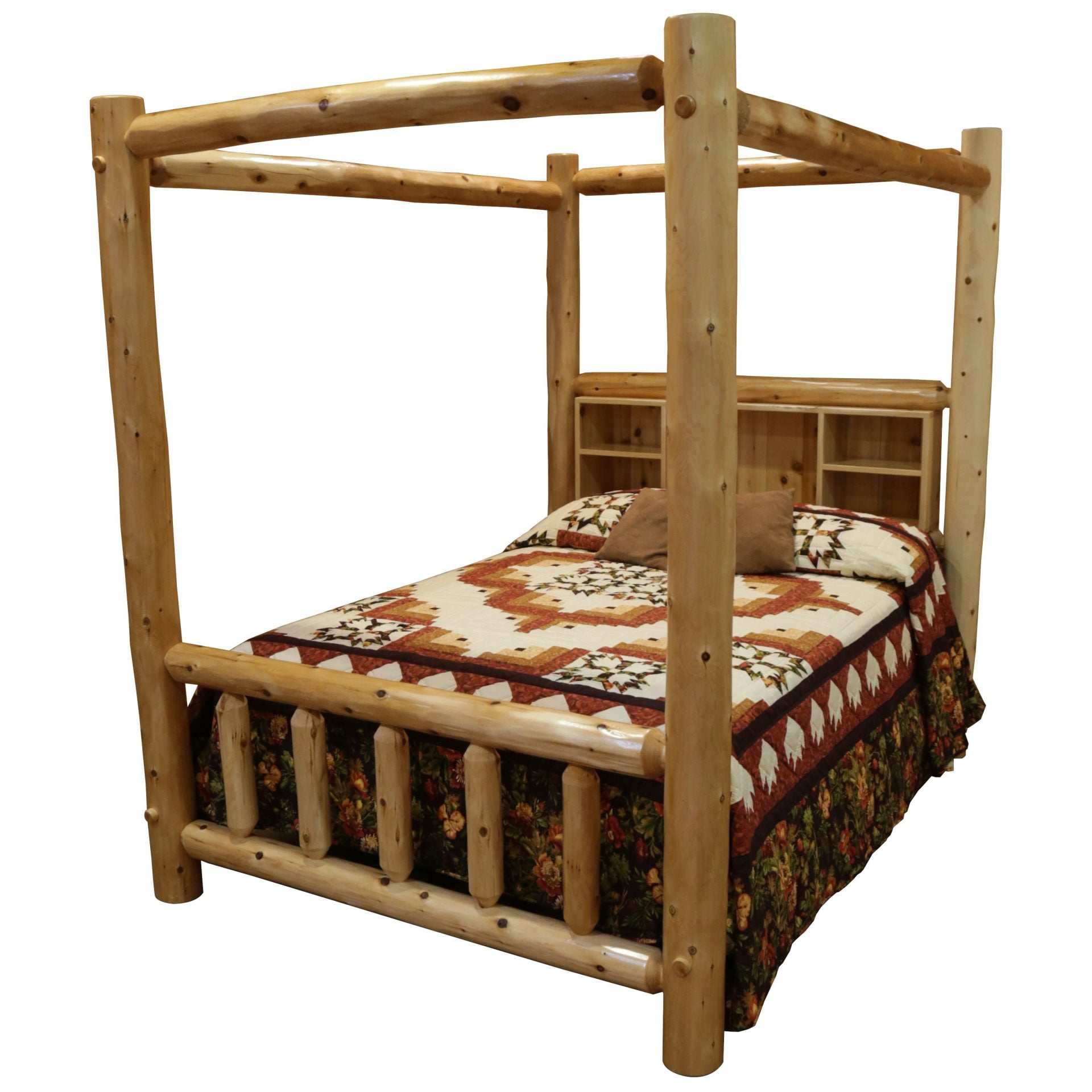 Rustic White Cedar Log Canopy Bookshelf Bed