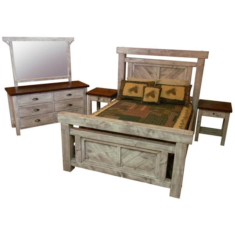 Farmhouse Timber Peg Panel Bedroom Set: Includes a Bed (Queen or King Size), 2 Single Drawer Nightstands, a 6 Drawer Dresser, and Dresser Mirror