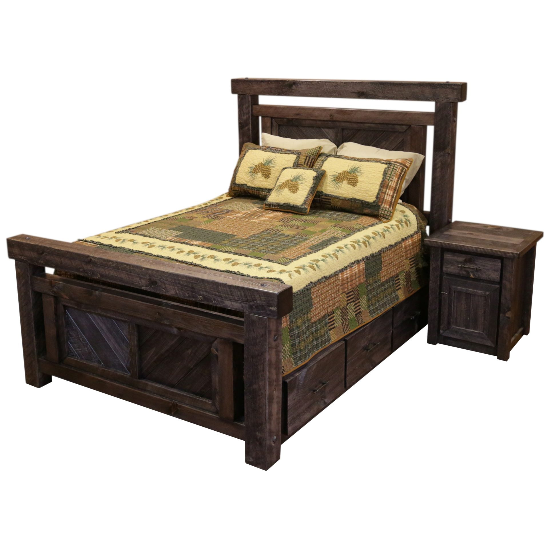 Farmhouse Style Timber Peg Platform Bedroom Set: Includes a Bed (Queen or King Size) and a Nightstand