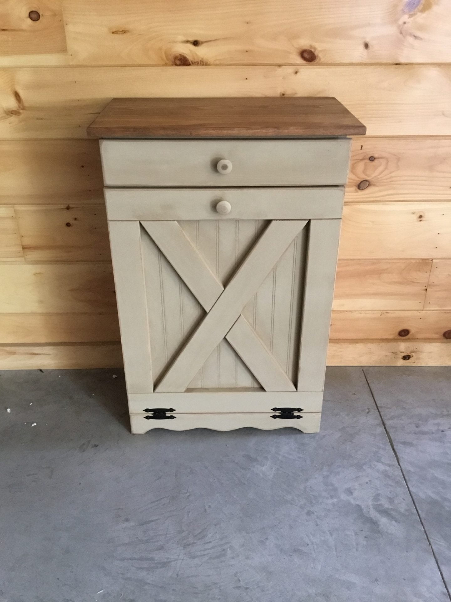Farmhouse Style – Pine Wooden Tilt Out Trash Bin – With X on Front