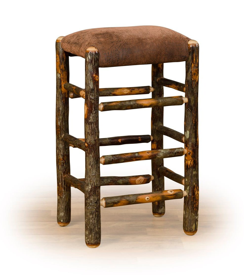 Rustic Hickory Log Stool with Faux Brown Leather Padded Seat – Counter or Bar Height