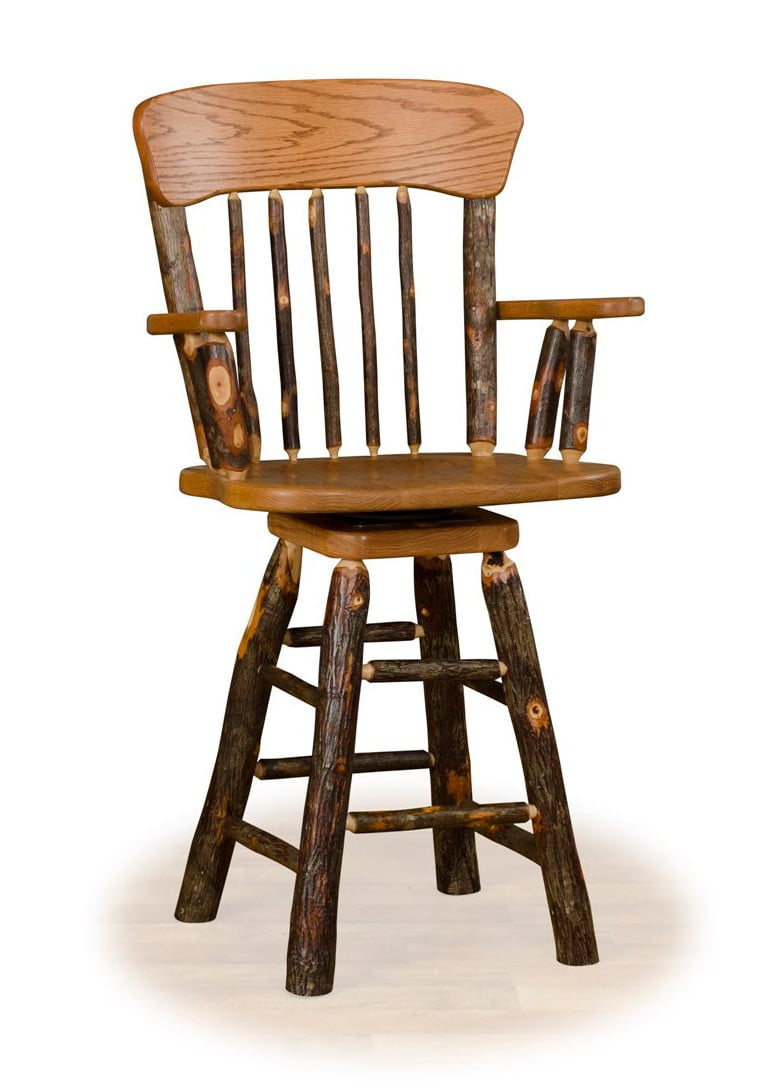 Rustic Hickory Panel Back Swivel Counter Stool with Arms – Counter or Bar Height