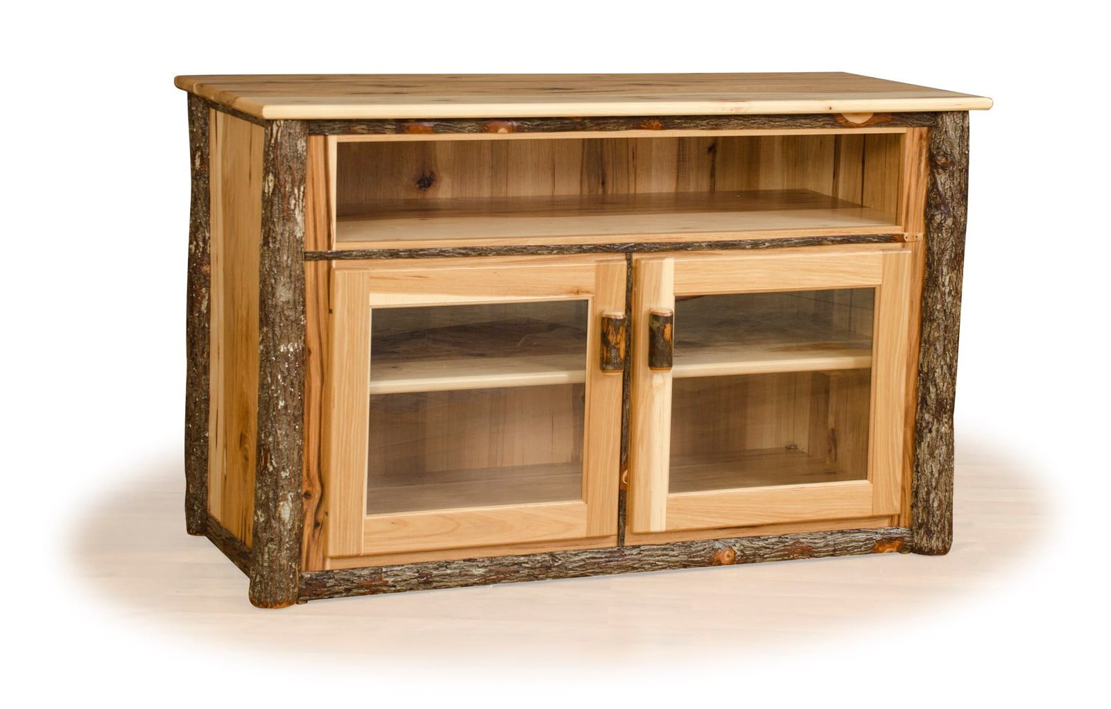Rustic Hickory TV Stand with Glass Front Cabinet