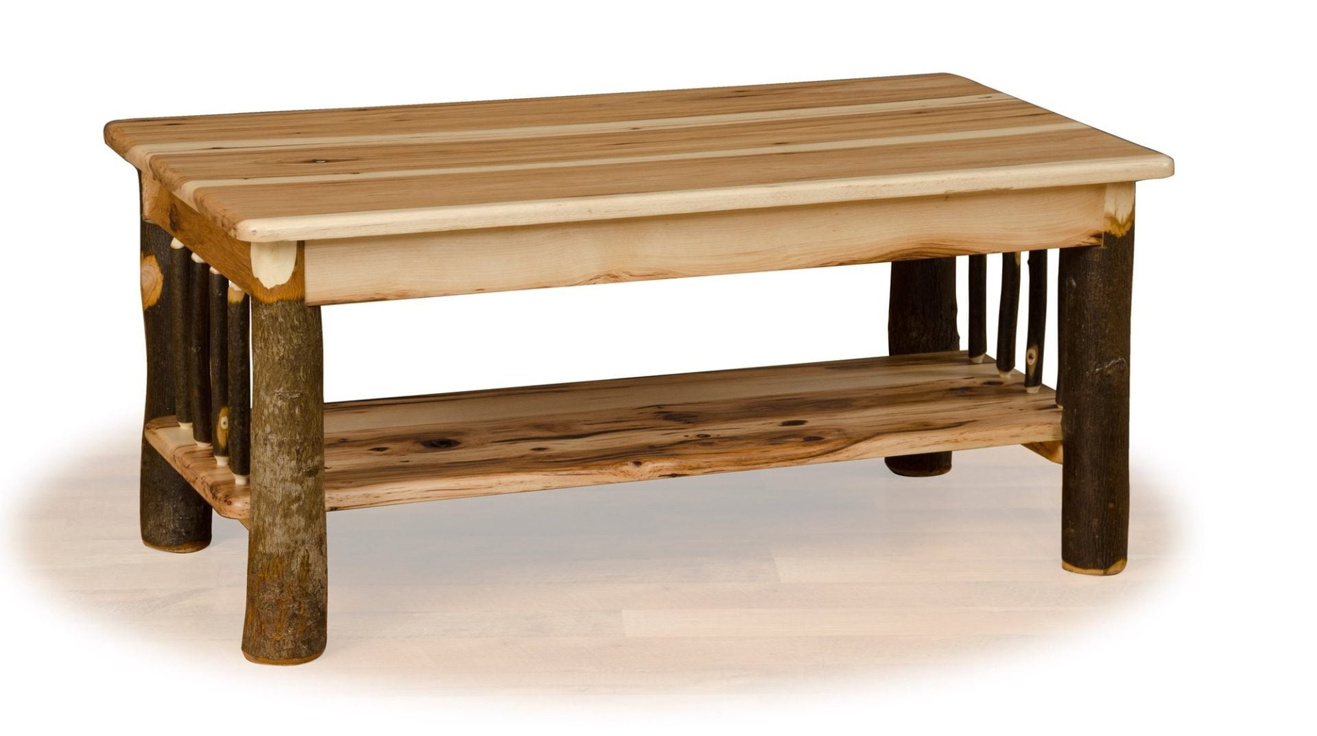 Rustic Hickory Log Coffee Table with Shelf