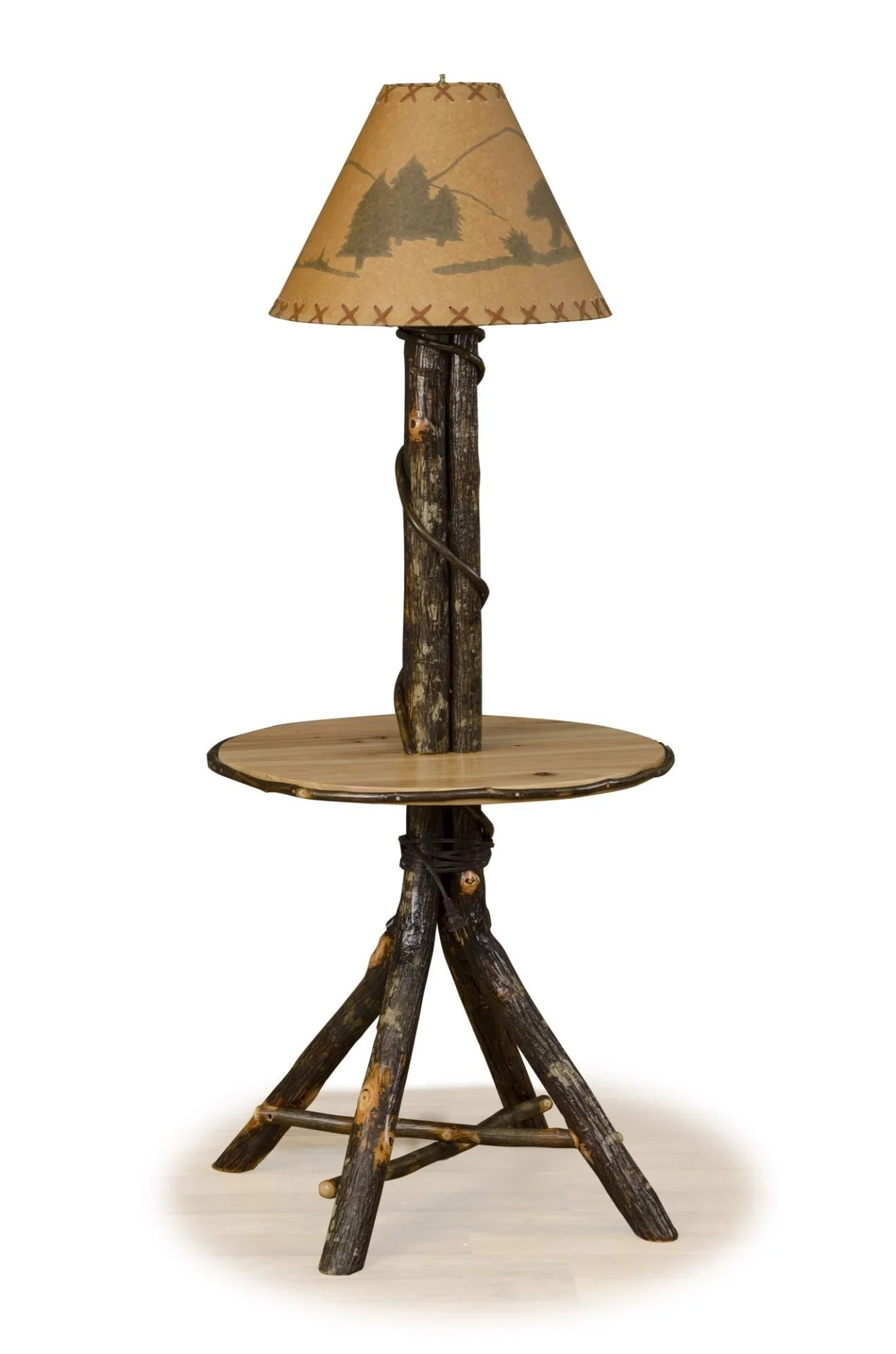 Rustic Hickory Floor Lamp with Round Table