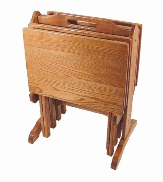 Oak Folding TV Tray Set with Storage Stand