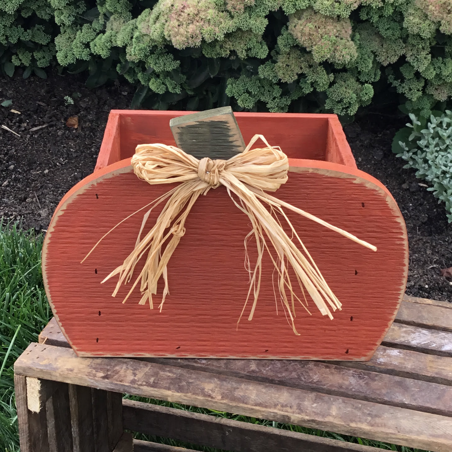 Primitive Wooden Pumpkin Shaped Planter Box