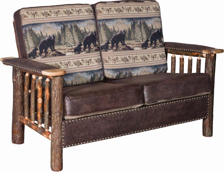 Rustic Hickory Log Love Seat with Faux Leather and Stud Accents