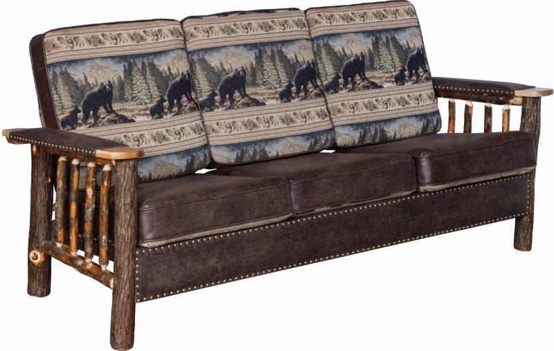 Rustic Hickory Log Sofa with Faux Leather and Stud Accents