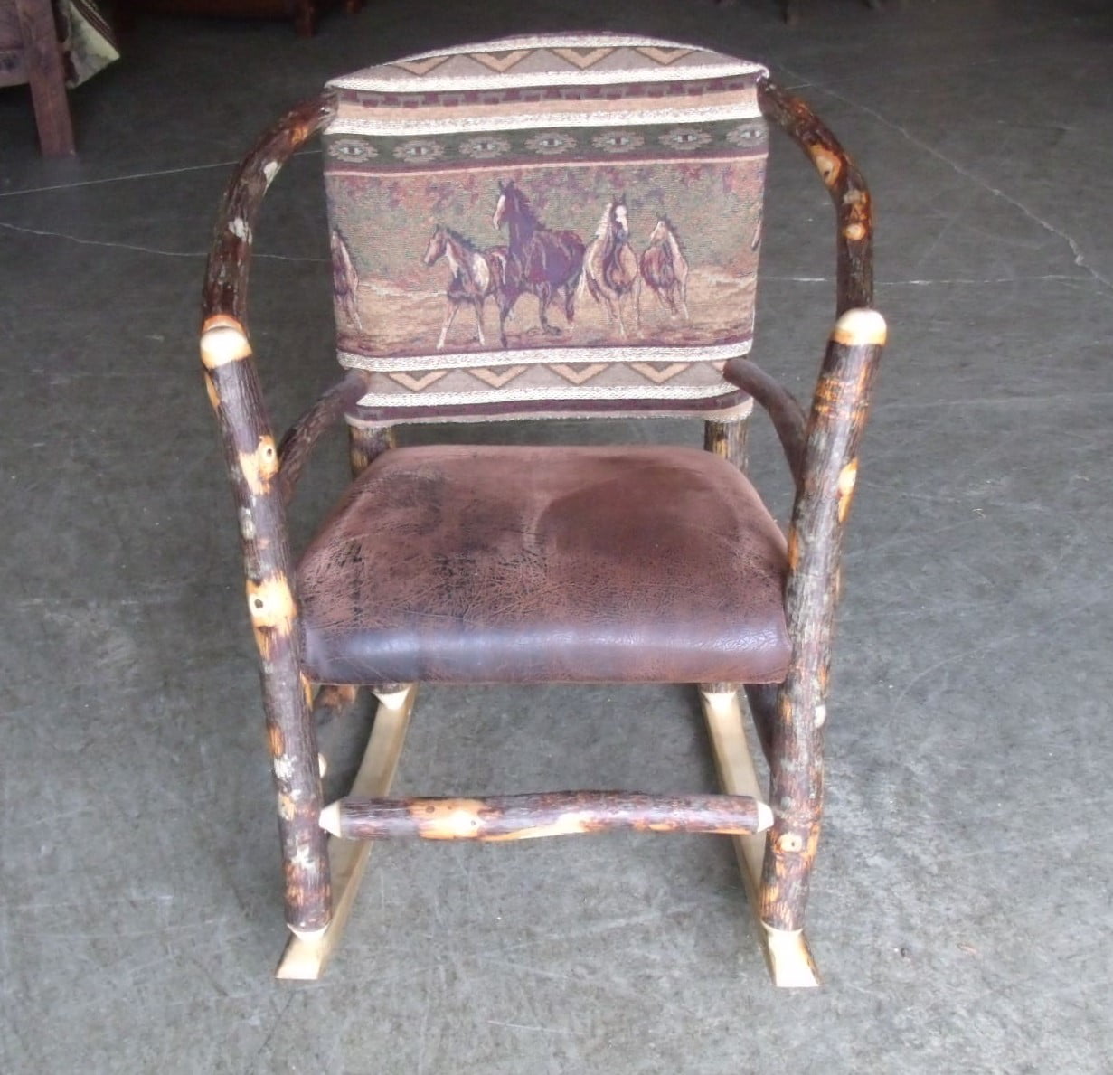 Rustic Hickory Hoop Rocking Chair - Faux Brown Leather Seat & Upholstered Back