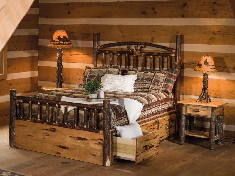 Rustic Hickory Log Bed - Dakota Style with Storage - Twin / Full / Queen / King