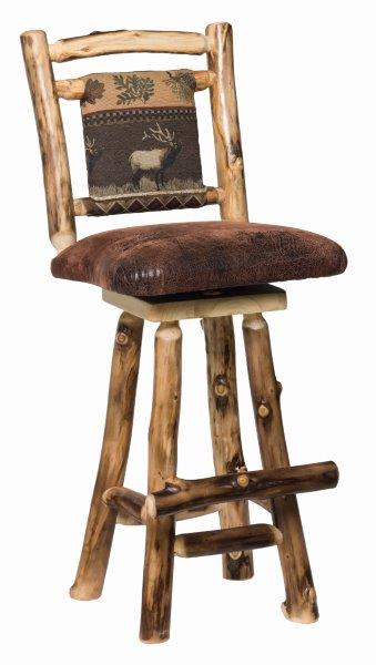 Rustic Aspen Log Swivel Stool with Padded Seat and Back – 2 Size Available