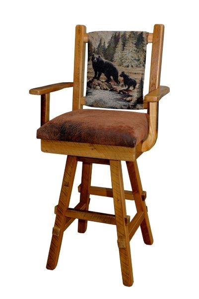 Barn Wood Set of 2 Swivel Stool with Upholstered Back, Seat, and Arms – Counter or Bar Height