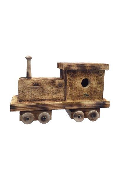 Train Engine Bird House with Twisted Rope Hanger & Clean Out in Burnt Pine