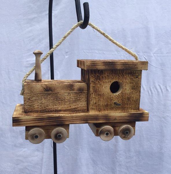 Train Engine Bird House with Twisted Rope Hanger & Clean Out in Burnt Pine