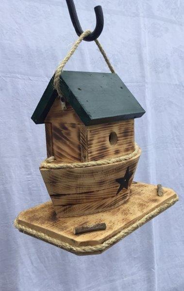 Noah's Ark Bird House with Twisted Rope Hanger & Clean Out in Burnt Pine