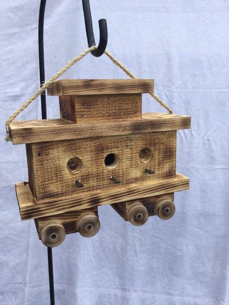 Train Caboose Bird House with Twisted Rope Hanger & Clean Out in Burnt Pine
