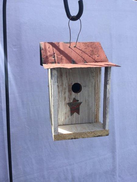 Barn Wood Hanging Bird House with Porch, Wire Hanger Twisted Rope Hanger & Clean Out in Burnt Pine
