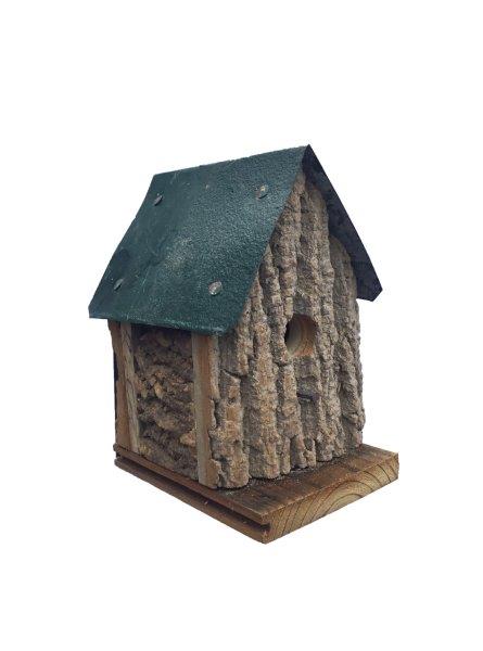 Cabin Style Hanging Wren Bird House in Bark Wood – Red or Green Roof