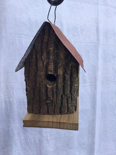 Cabin Style Hanging Wren Bird House in Bark Wood-Red Roof