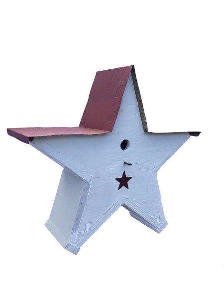 Star Shaped Bird House with Wire Hanger & Red Roof