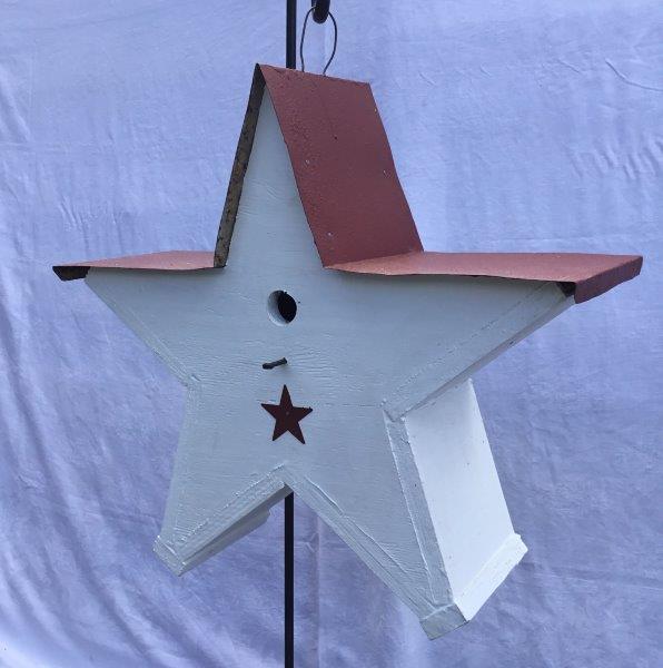 Star Shaped Bird House with Wire Hanger & Red Roof