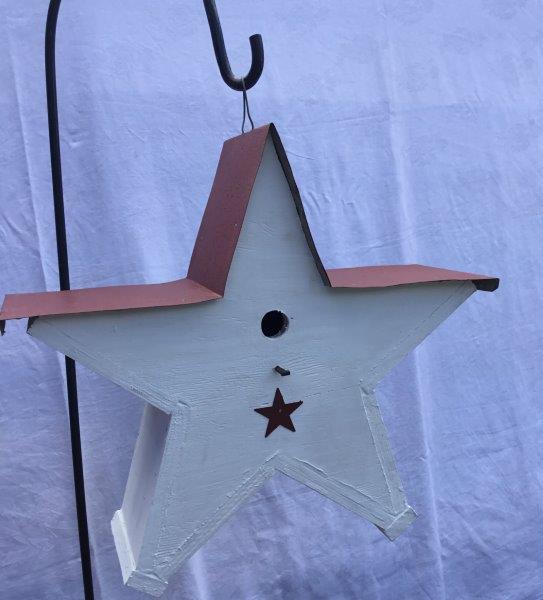 Star Shaped Bird House with Wire Hanger & Red Roof