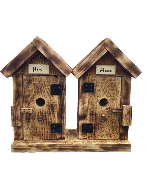 His and Hers Hanging Bird Houses in Burnt Pine Wood