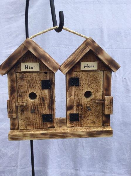 His and Hers Hanging Bird Houses in Burnt Pine Wood