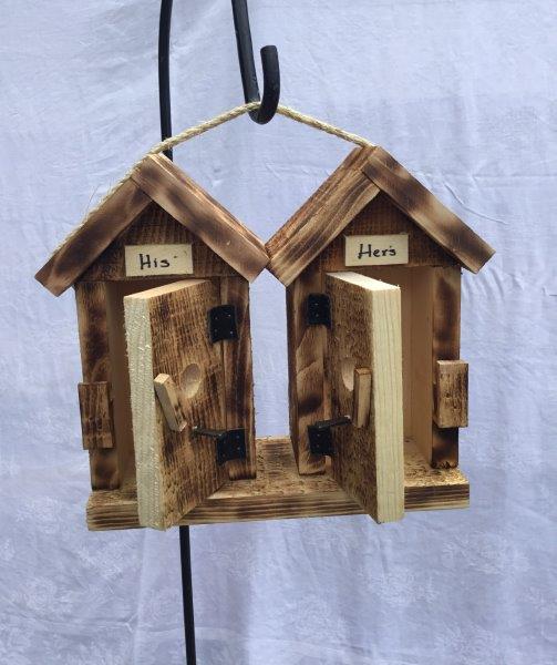 His and Hers Hanging Bird Houses in Burnt Pine Wood