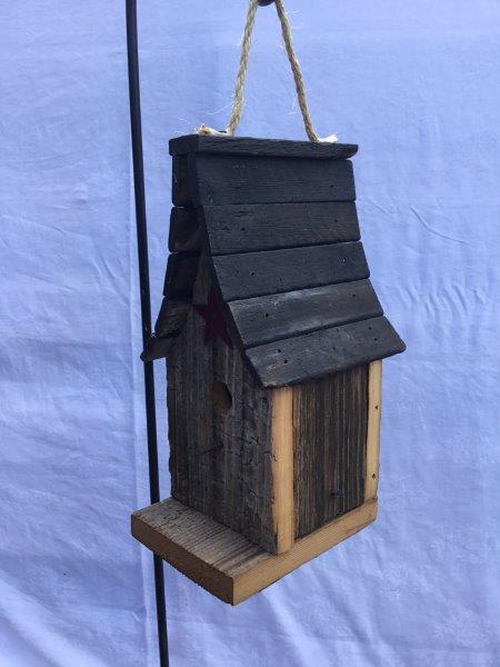 Barn Wood Wren Steeple Bird House with Twist Rope Hanger & Clean Out Door
