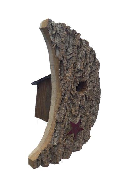 Moon Shaped Bird House w/Wire Hanger & Clean Out Door in Bark Wood