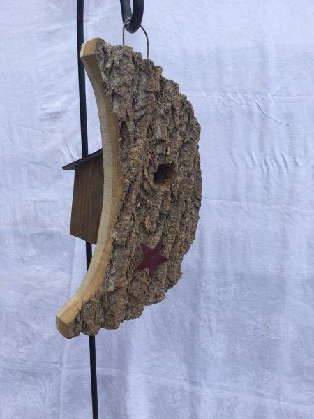 Moon Shaped Bird House w/Wire Hanger & Clean Out Door in Bark Wood