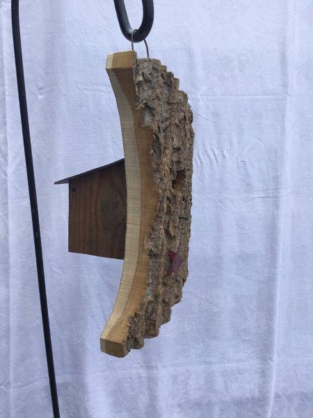 Moon Shaped Bird House w/Wire Hanger & Clean Out Door in Bark Wood