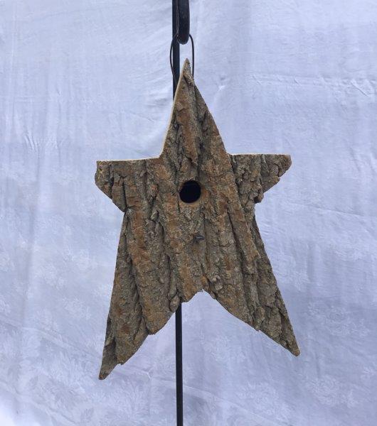 Star Shaped Bird House w/Wire Hanger & Clean Out Door in Bark Wood