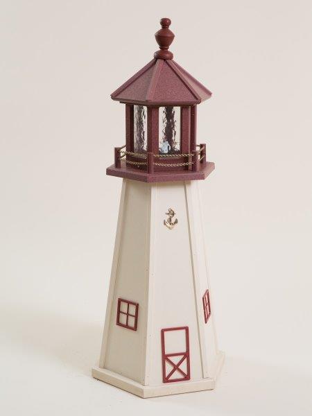 White with Burgundy Poly Lumber Lighthouse in 3ft / 4ft / 5ft – Cape May, NJ Replica