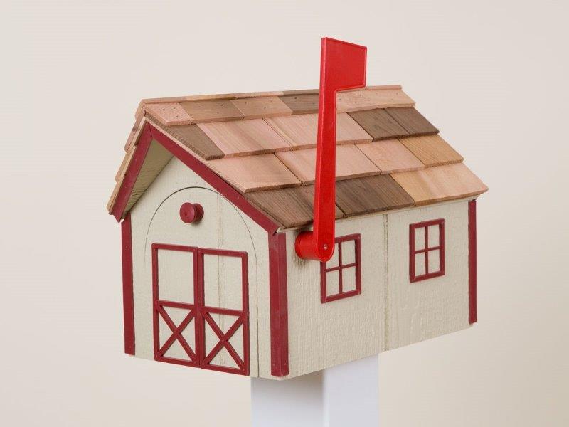 Outdoor Wood Mailbox with Cedar Shingles in Beige with Red Trim