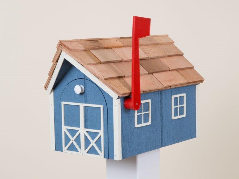Outdoor Wood Mailbox with Cedar Shingles in Blue with White Trim