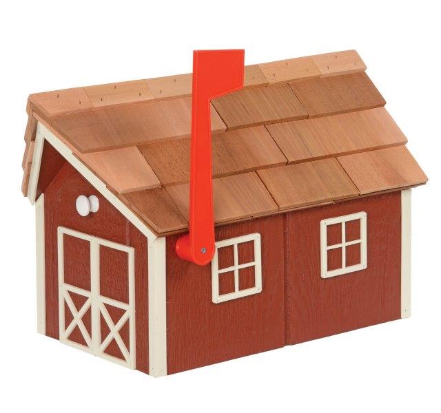 Outdoor Wood Mailbox with Cedar Shingles in Red with White Trim