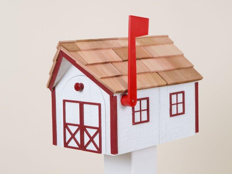 Outdoor Wood Mailbox with Cedar Shingles in White with Red Trim