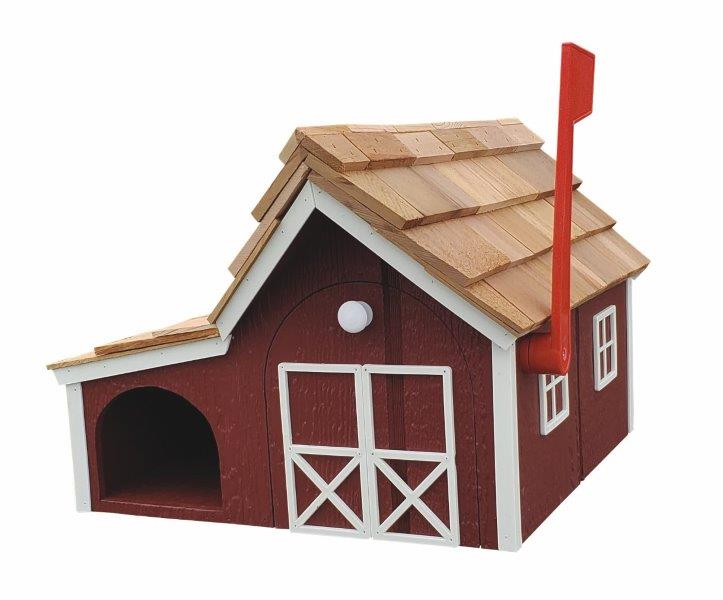 Outdoor Wood Mailbox with Cedar Shingles in Red with White Trim and a Newpaper Hole