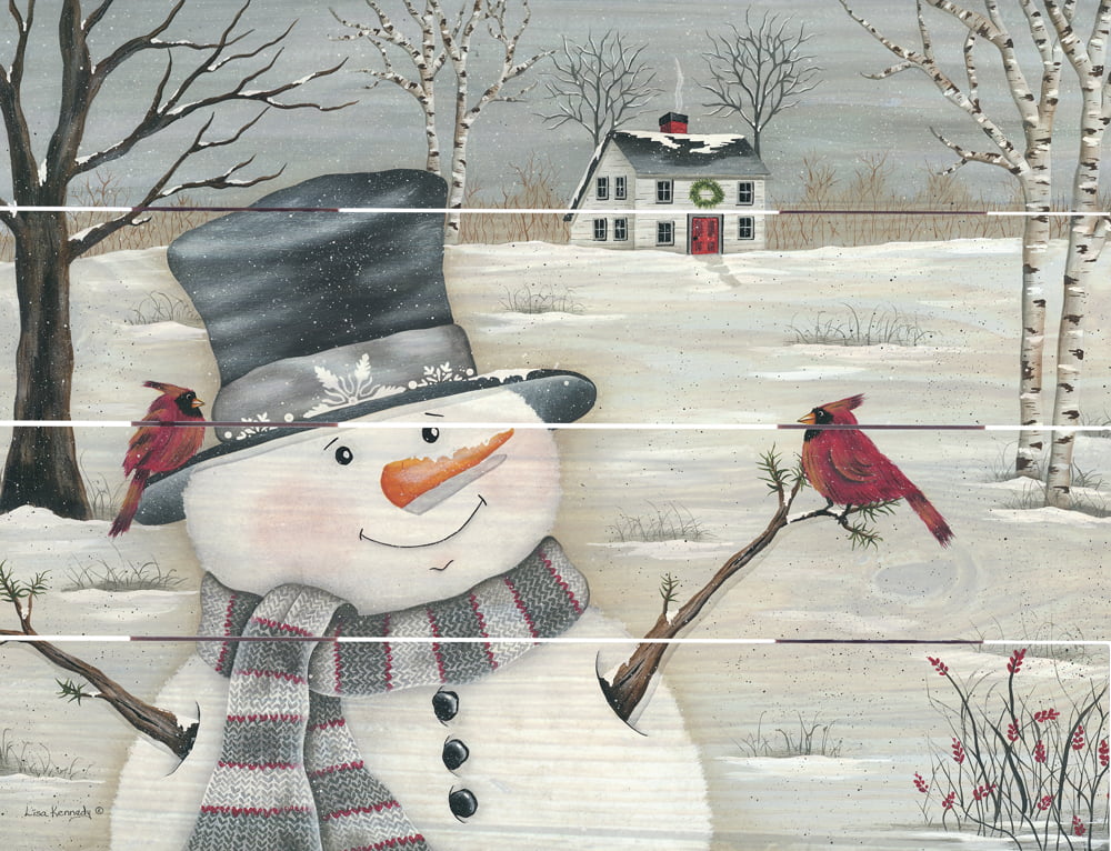 Wood Pallet Art – Snowman with Cardinals-Friends Welcome