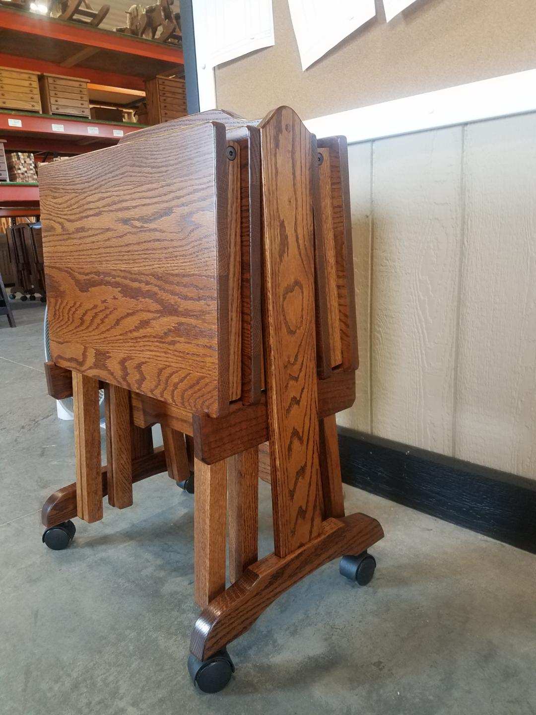 Oak Folding TV Tray Set with Storage Stand