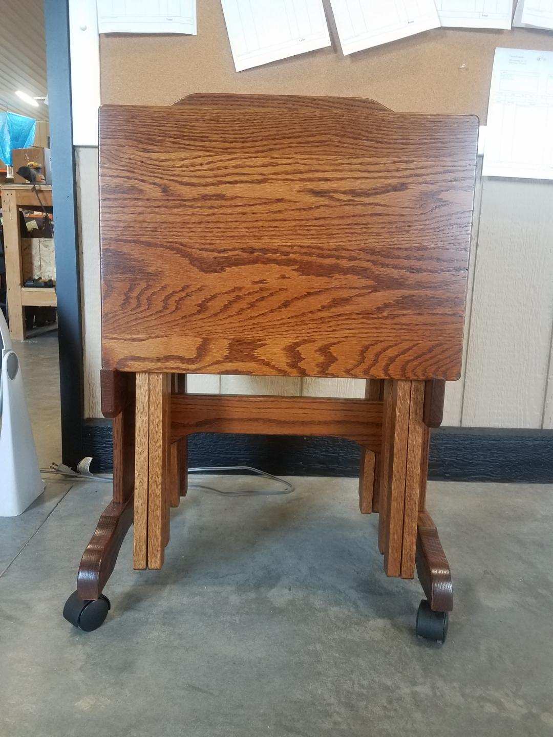 Oak Folding TV Tray Set with Storage Stand