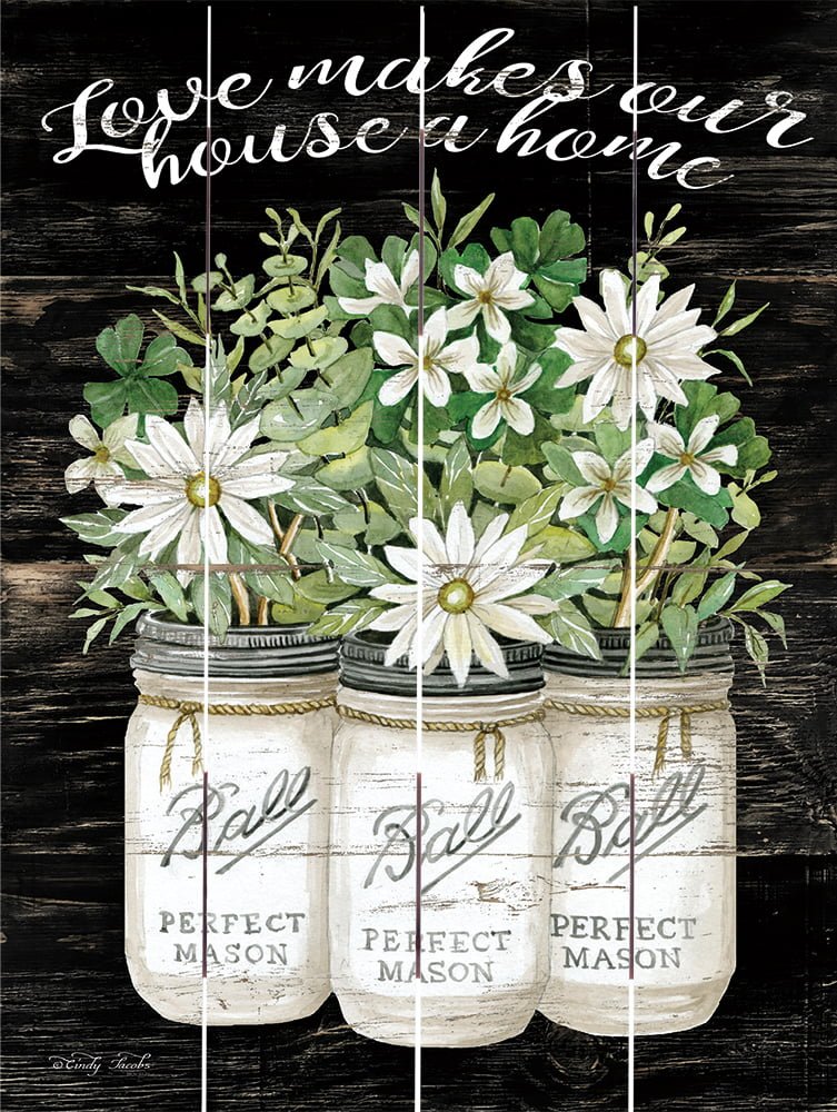 Wood Pallet Art – Love Makes Our House a Home, Mason Jars with Flowers