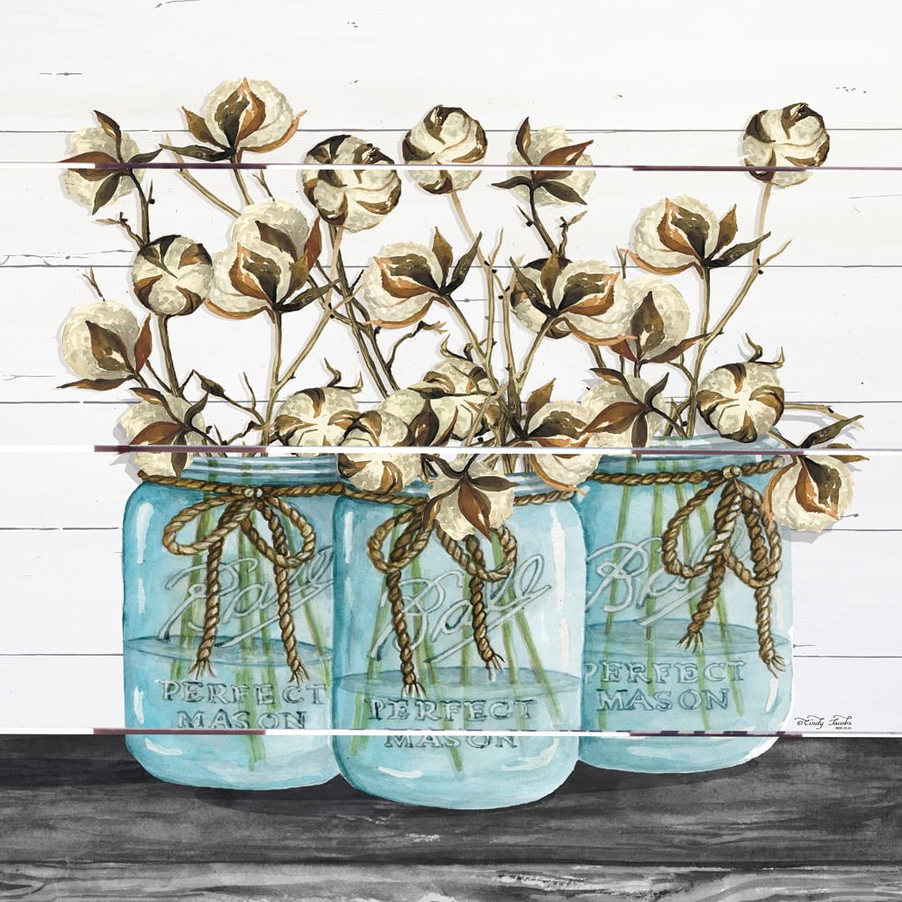 Wood Pallet Art – Blue Jars – Cotton Stems